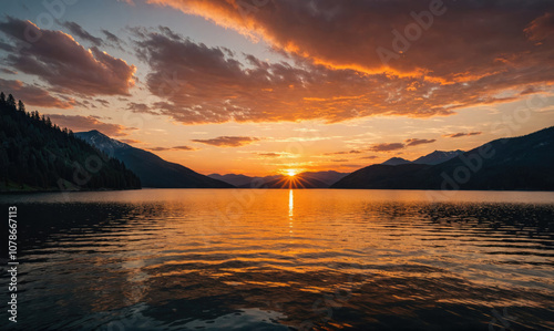 The sun sets behind mountains, casting a golden glow on a still lake