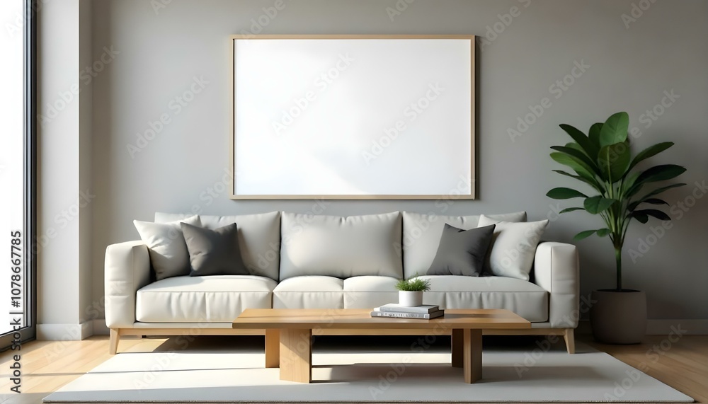 A modern living room with a large white sofa, wooden coffee table, and a blank white framed wall art A modern living room with a large white sofa, wooden coffee table, and a blank white framed wall art