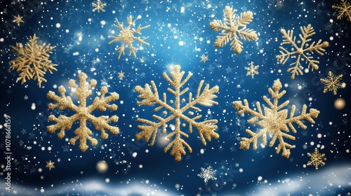 Winter holiday card with falling golden snowflakes