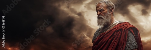 Bearded, armored man gazes pensively at stormy skies above, suggesting strength, resilience, and determination. photo