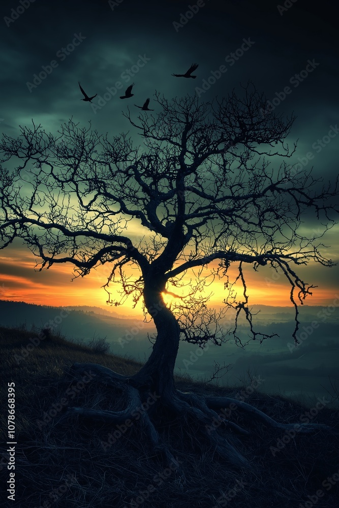 Silhouette of a lone tree at sunset, creating a mysterious and solitary scene that evokes reflection and introspection. Silhouette of a lone tree at sunset, creating a mysterious and solitary scene that evokes reflection and introspection.