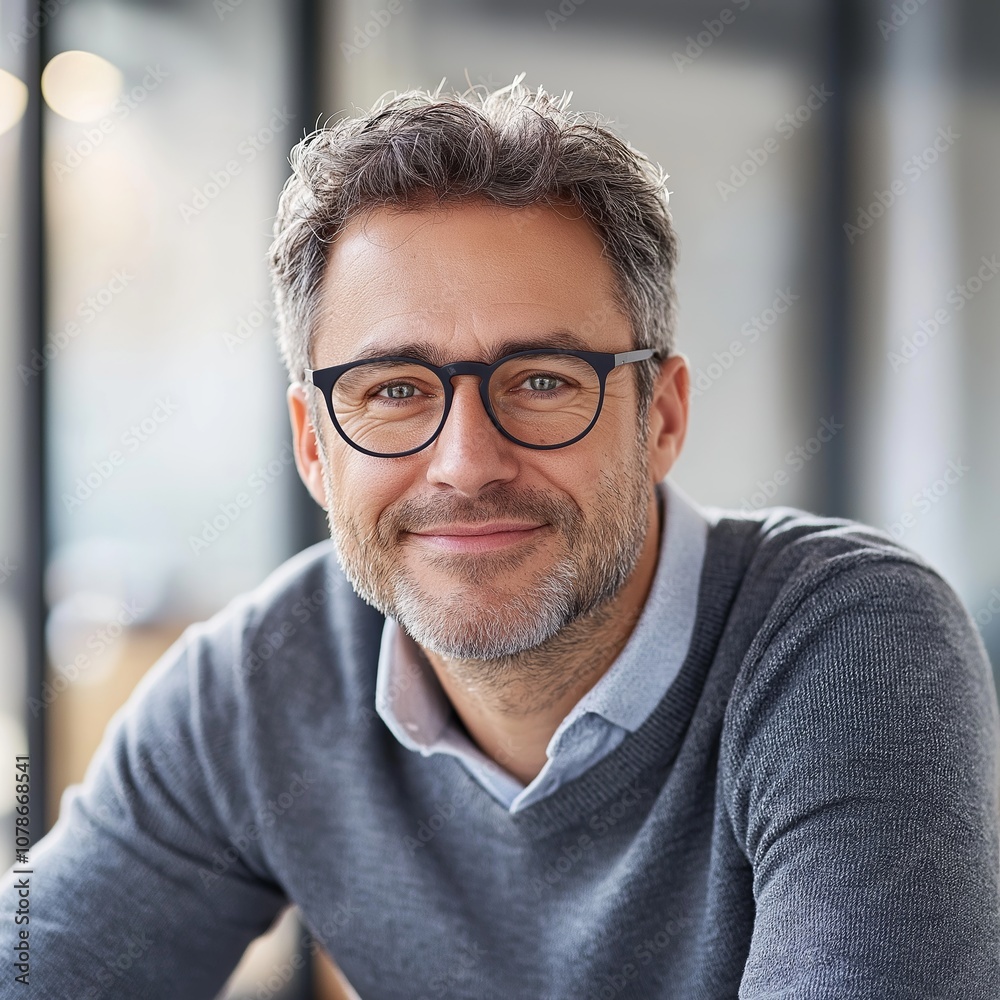 A cheerful man in glasses and a gray sweater exuding warmth, confidence, and approachability in a bright space. A cheerful man in glasses and a gray sweater exuding warmth, confidence, and approachability in a bright space.