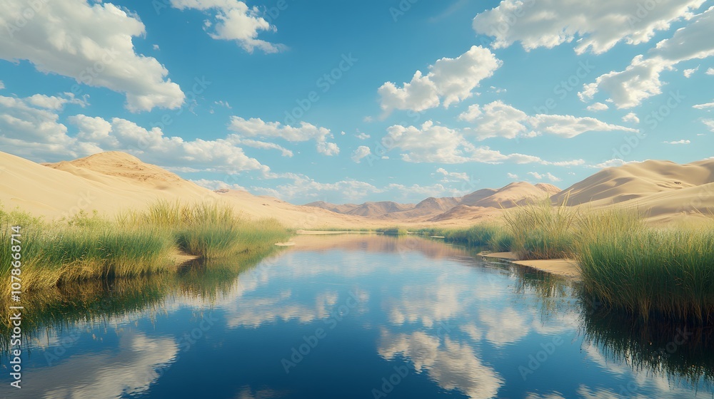 Obraz premium Serene desert landscape showing an oasis with perfect&nbsp;mirror reflection, featuring golden sand dunes, desert grass, and pristine water pool under&nbsp;dramatic blue sky with clouds. 