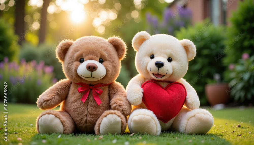 Two teddy bears sitting on grass, holding red heart, sunny garden setting Two teddy bears sitting on grass, holding red heart, sunny garden setting