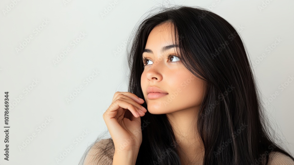 Thoughtful Woman with Long Black Hair Gazing Upward Thoughtful Woman with Long Black Hair Gazing Upward