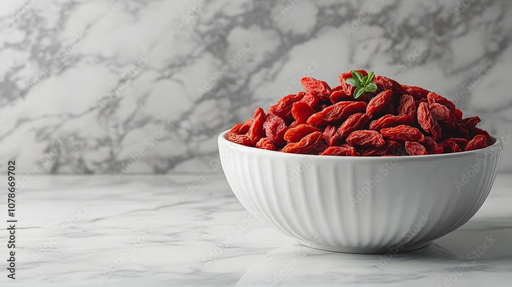 Vibrant red goji berries displayed in white ceramic bowl on marble surface, showcasing minimalist food styling with professional studio lighting effects. Vibrant red goji berries displayed in white ceramic bowl on marble surface, showcasing minimalist food styling with professional studio lighting effects.