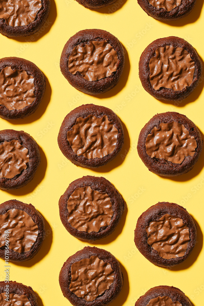 Creative vibrant flat lay of round brownies on yellow background, high angle view. Creative vibrant flat lay of round brownies on yellow background, high angle view.