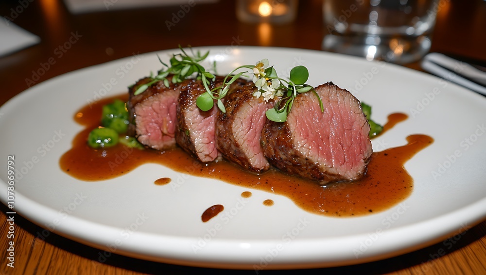 Seared sliced steak with sauce, pea shoots, and flowers on a white plate. Seared sliced steak with sauce, pea shoots, and flowers on a white plate.