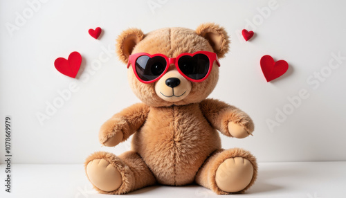  Teddy bear with heart sunglasses and red hearts on white background
