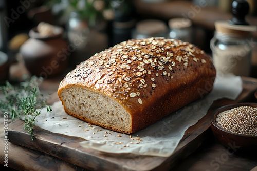 On a wooden table, a rustic loaf of rye bread surrounded by grains and a small bowl of seeds, surrounded by a warm, inviting atmosphere.