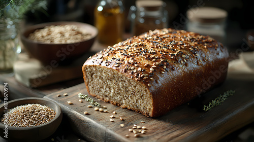 On a wooden table, a rustic loaf of rye bread surrounded by grains and a small bowl of seeds, surrounded by a warm, inviting atmosphere.