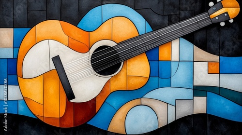 Abstract Cubist Guitar Painting Music Art Blue Orange Tones