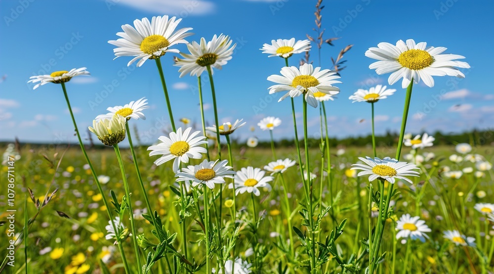 beautiful spring blurred background, a blossoming meadow filled with daisies under a serene blue sky beautiful spring blurred background, a blossoming meadow filled with daisies under a serene blue sky