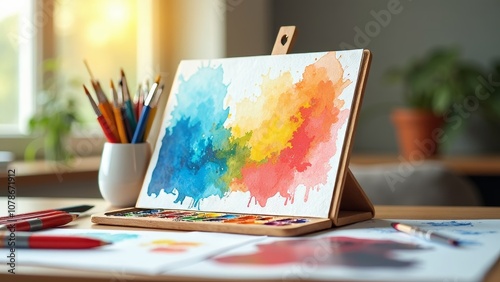 Colorful Watercolor Painting Display with Art Tools on Table photo