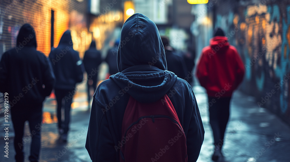 Obraz premium A group of young people or teens wearing hoodies in an urban area, there is a sense of menace, gang crime, wide landscape ratio 16:9