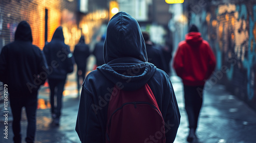 A group of young people or teens wearing hoodies in an urban area, there is a sense of menace, gang crime, wide landscape ratio 16:9 photo