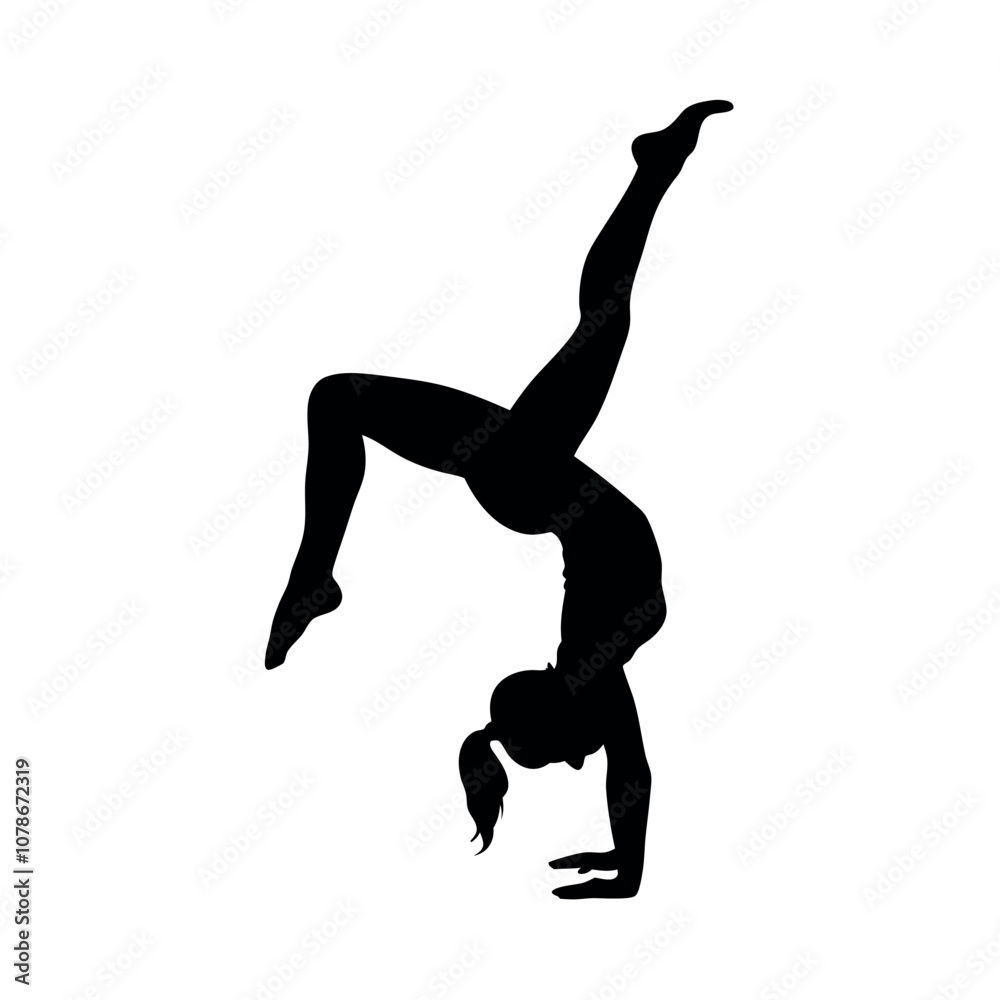 A woman doing a handstand. She is wearing a black outfit. The image is black and white A woman doing a handstand. She is wearing a black outfit. The image is black and white