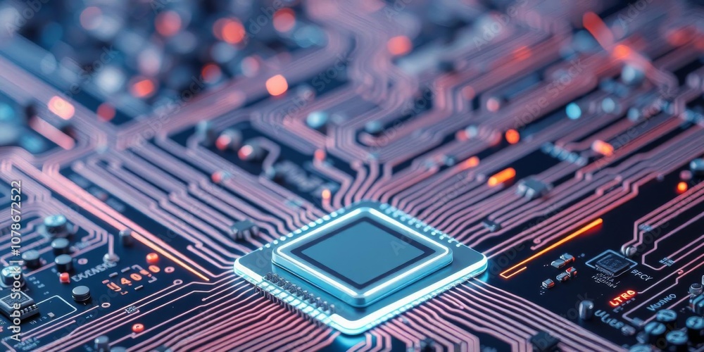 Futuristic 3D render of white neon data flows on microchip with tool ...