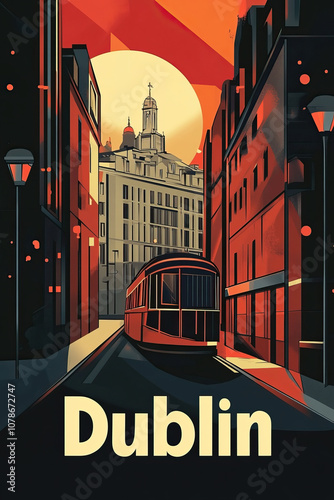 Dublin, Ireland, modern vintage travel poster, wallpaper, background, banner, backdrop, retro card print. Graphic designed, screen print. Dark, red, blue, white, black