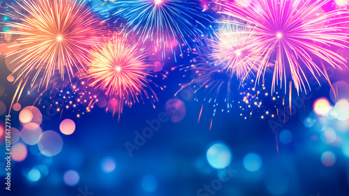 Festive vibrant fireworks on blurred blue background. New Year celebration. photo