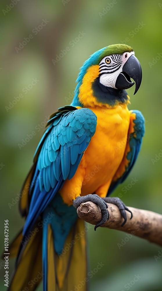 Obraz premium Majestic Golden and Blue Macaw Perched on a Branch Outdoors
