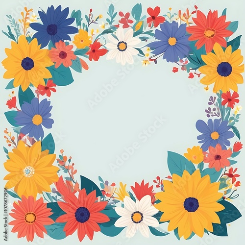 Colorful Floral Frame with Blue, Yellow, Red, and White Flowers