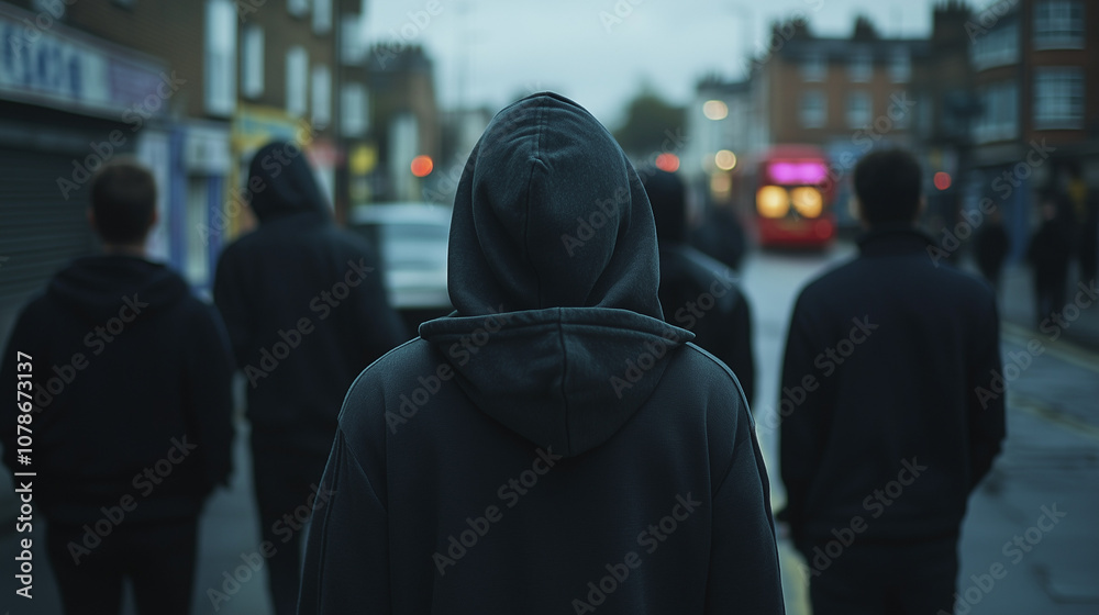A group of young people or teens wearing hoodies in an urban area, there is a sense of menace, gang crime, wide landscape ratio 16:9