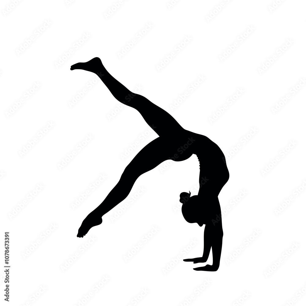 A woman doing a handstand. She is wearing a black outfit. The image is black and white A woman doing a handstand. She is wearing a black outfit. The image is black and white