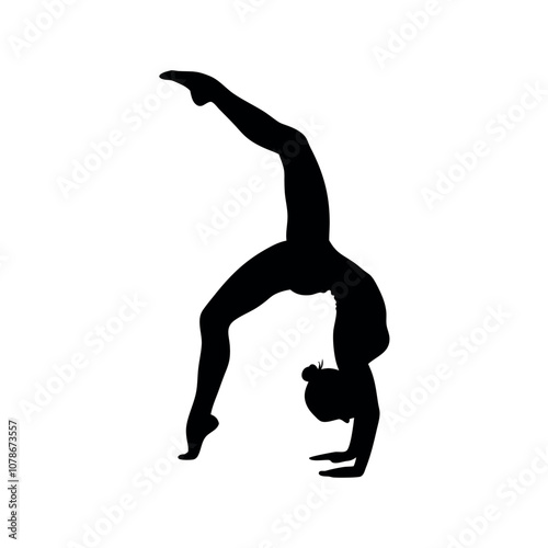 A woman doing a handstand. She is wearing a black outfit. The image is black and white