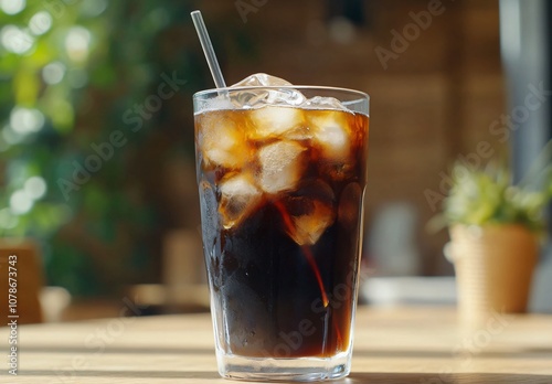 Cold Americano Coffee with Ice in Cozy Cafe