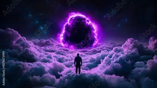 Mystical Purple Nebula Man in Clouds Surreal Dreamscape Cosmic Fantasy Art