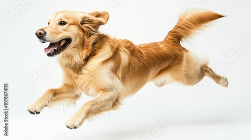 A Golden Retriever Dog Leaping Mid-Air With Tongue Out photo