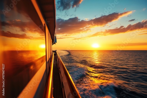 Scenic sunset view from a ship with reflective surfaces and tranquil ocean.