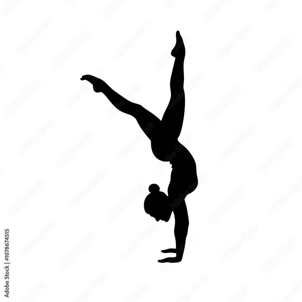 A woman doing a handstand. She is wearing a black outfit. The image is black and white A woman doing a handstand. She is wearing a black outfit. The image is black and white