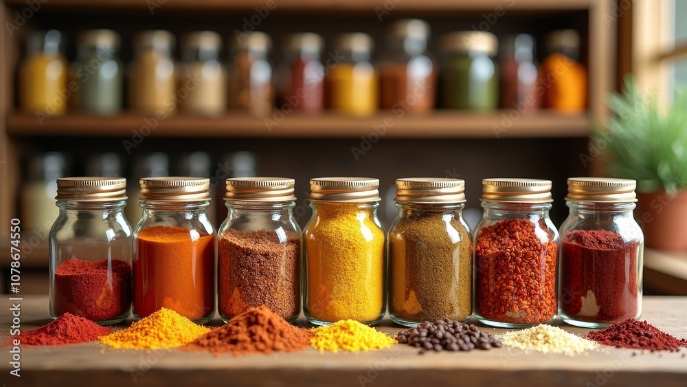 Beautifully Crafted Spice Display with Colorful Spices in Clear Jars Beautifully Crafted Spice Display with Colorful Spices in Clear Jars