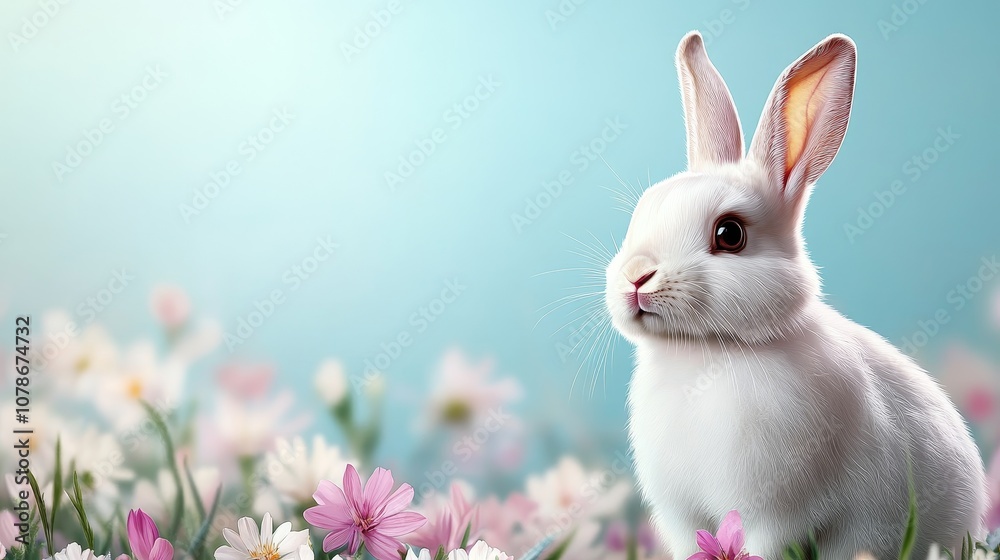 Obraz premium Adorable White Bunny Rabbit in Spring Flowers Easter Pet Nature