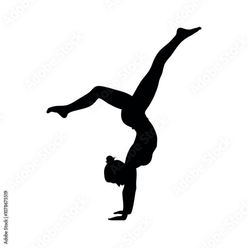 A woman doing a handstand. She is wearing a black outfit. The image is black and white