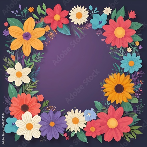 Colorful Floral Frame with Purple Background