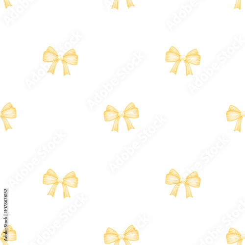 Yellow bows. Watercolor seamless pattern on white background. Cute illustration for Christmas, Valentine's Day, Birthday, Easter, Mother's Day