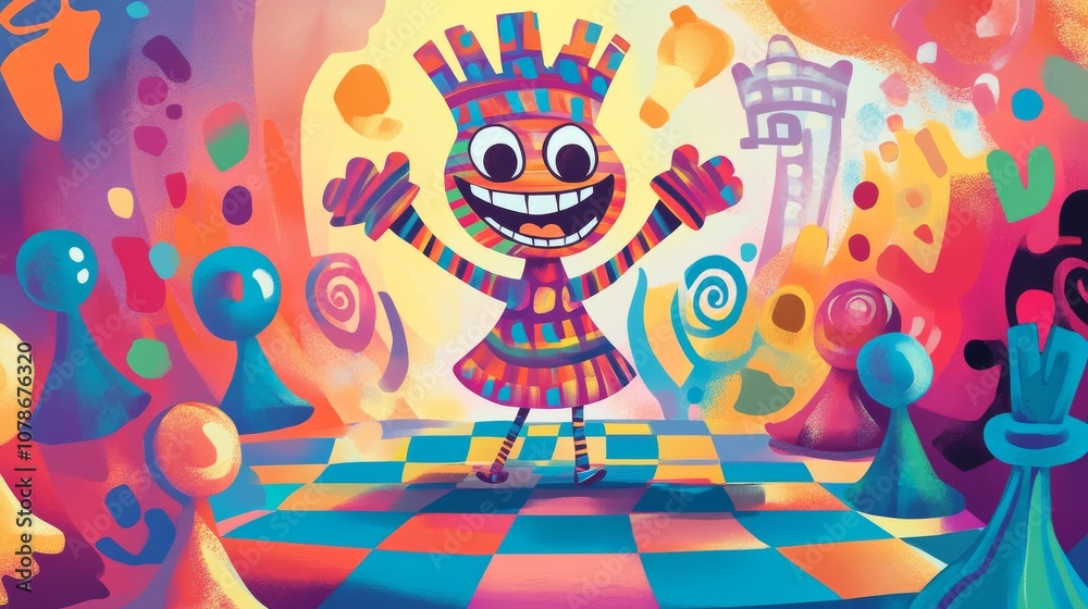 Obraz premium A colorful cartoon character is standing on a checkered floor. The character is smiling and he is happy. The scene is set in a room with a variety of colorful objects