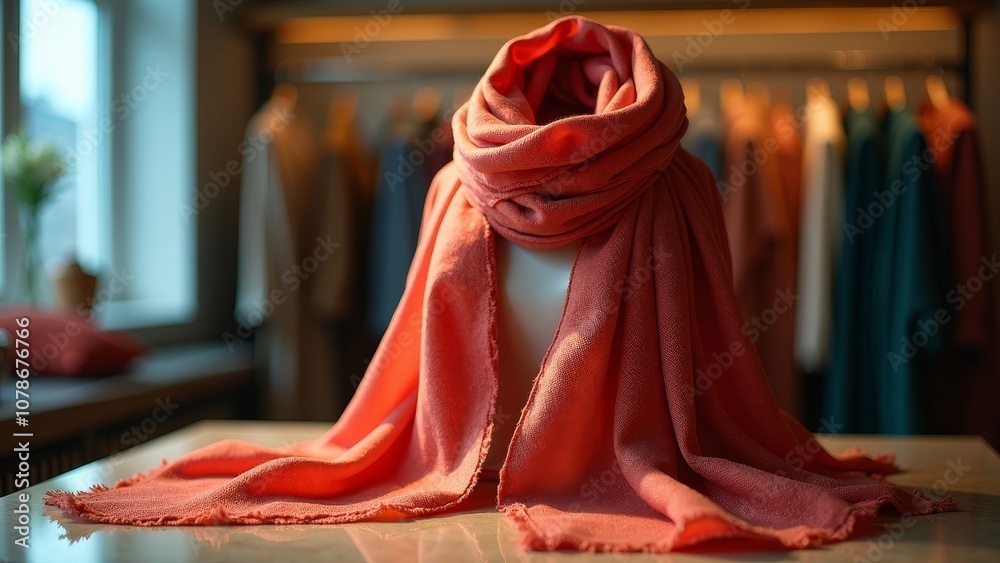 Luxurious Coral Scarf Display with Soft Illumination in Boutique Luxurious Coral Scarf Display with Soft Illumination in Boutique