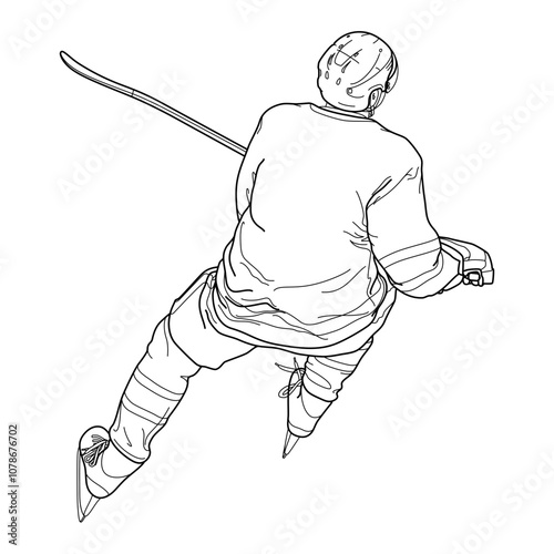 HOCKEY PLAYER back, Skater from behind, view from above, line drawing, illustration, figure, clear, transparent