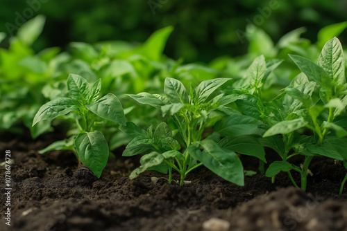 Closeup of Green Pepper Plants Growing in Soil