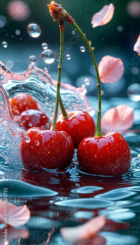 Cherries in water. Ripe cherries with petals fall into water. Phone wallpaper photo