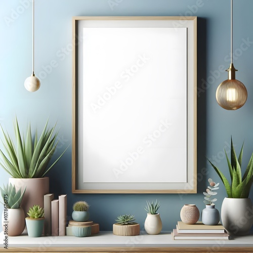  a wooden framed  canvas poster mockup in blue pastel wall background