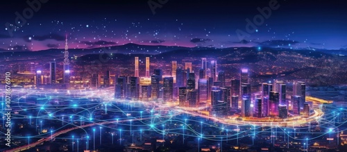 Wallpaper Mural A futuristic cityscape at night with glowing neon lights and a network of connections. Torontodigital.ca