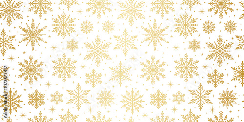 Gradient gold and white seamless repeating snowflake pattern, golden snow background, winter holiday festive wallpaper design