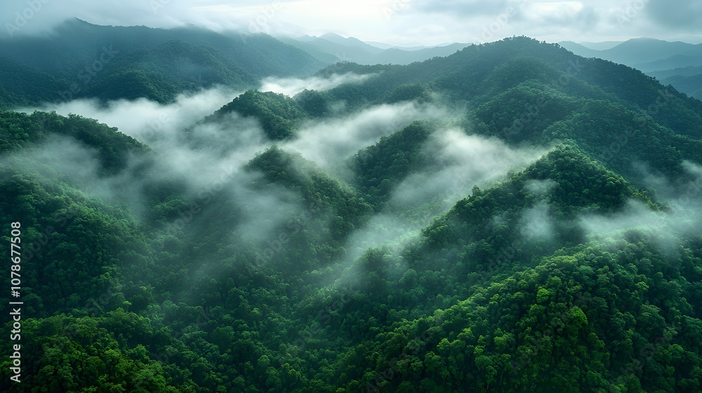 Obraz premium Ethereal mountain landscape with rolling hills shrouded in morning mist, featuring layered mountains and sunlight breaking through dense&nbsp;forest canopy.
