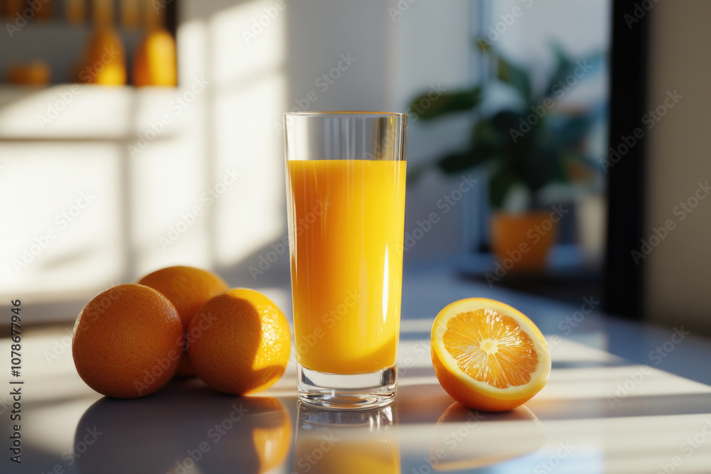 A tall glass of orange juice stands surrounded by whole and sliced oranges, capturing the essence of freshness and nutrition in a sunny, bright setting. A tall glass of orange juice stands surrounded by whole and sliced oranges, capturing the essence of freshness and nutrition in a sunny, bright setting.