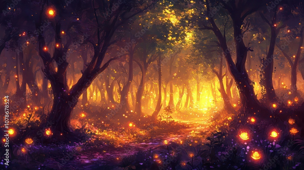 A mystical forest path glows with magical light. A mystical forest path glows with magical light.